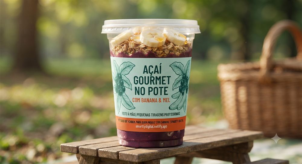 Rótulo personalizado para açaí gourmet no pote, resistente à geladeira