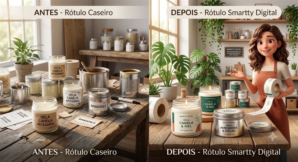 Comparação entre rótulo caseiro e rótulo profissional Smartty Digital, com a Manu