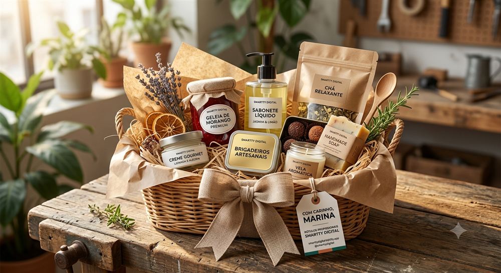 Cesta de presente com produtos artesanais rotulados