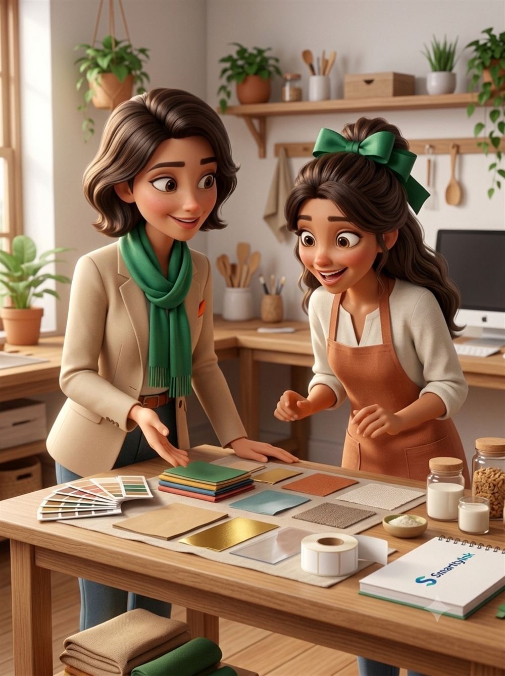 Manu e Marina desenvolvendo juntas a identidade visual da linha, com amostras de materiais na mesa