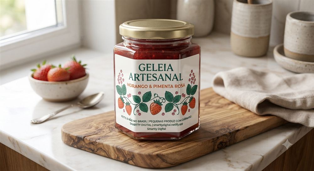 Rótulo para geleia de morango artesanal em pote de vidro