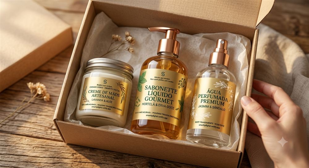 Rótulo para kit de cosméticos artesanais: creme de mãos, sabonete líquido e água perfumada