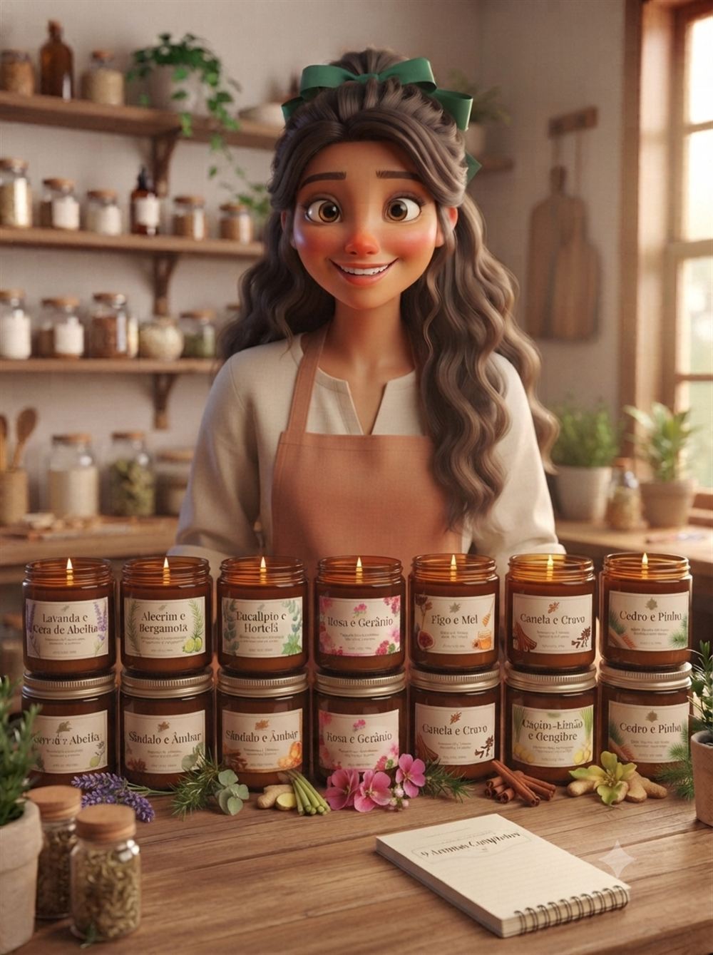 Linha completa de velas artesanais com vários aromas diferentes, cada uma com rótulo personalizado
