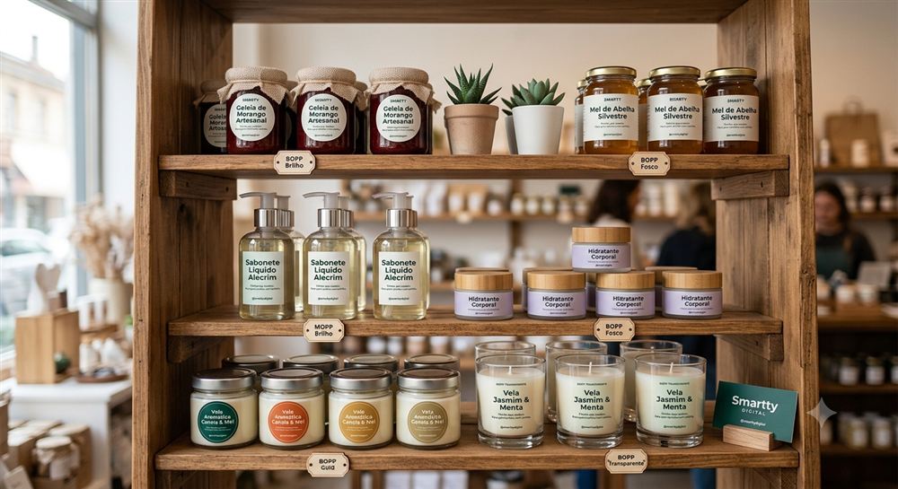 Prateleira de produtos artesanais com etiqueta profissional
