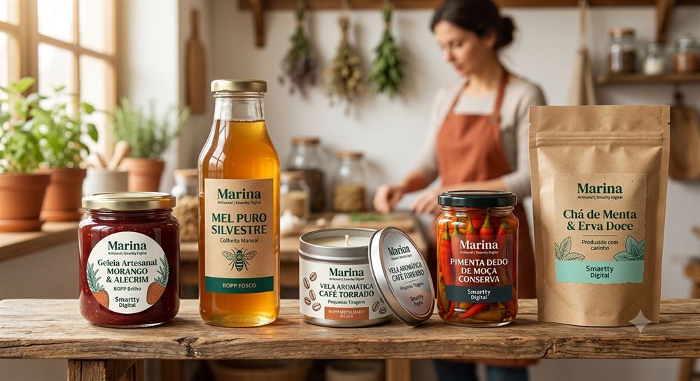 Produtos artesanais com rótulo profissional Smartty Digital na bancada