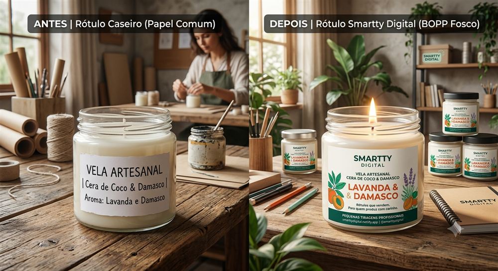 Comparação entre rótulo caseiro e rótulo profissional Smartty Digital em vela de lavanda e damasco
