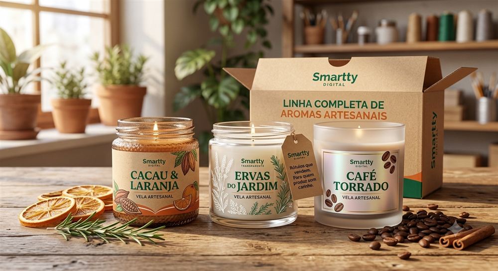Rótulo para linha de velas artesanais com vários aromas: cacau e laranja, ervas do jardim, café torrado